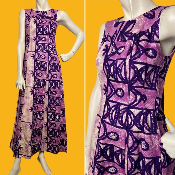 1970s Barkcloth Hawaiian Maxi dress// abstract ti… - image 1
