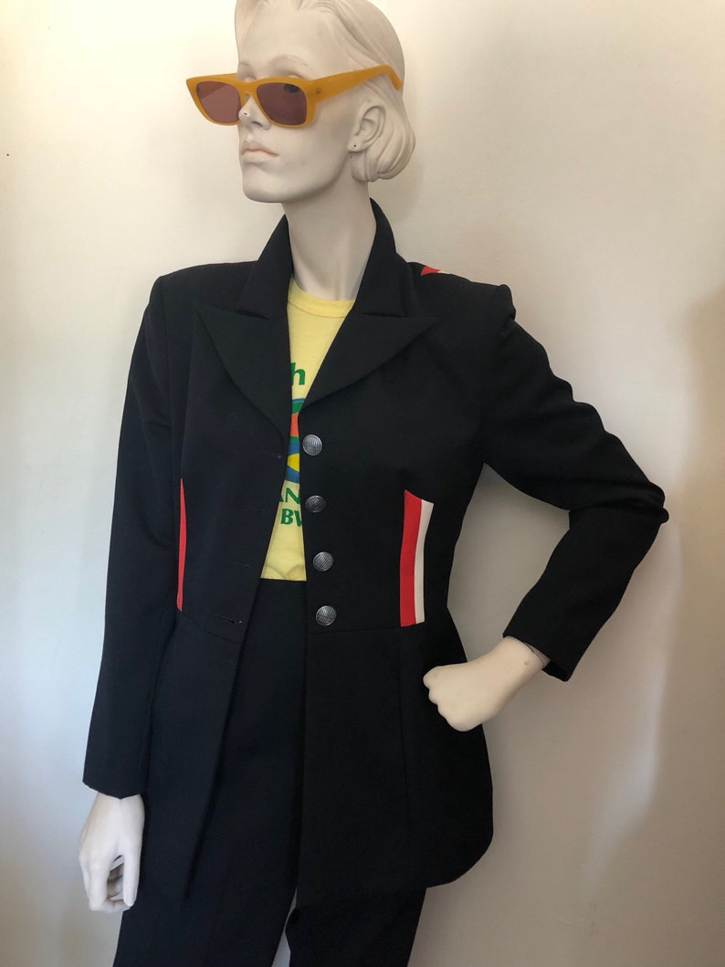 Military style blazer and pant set size S Late 70s structured military style suit with peg leg pants and orange and white striped detailing