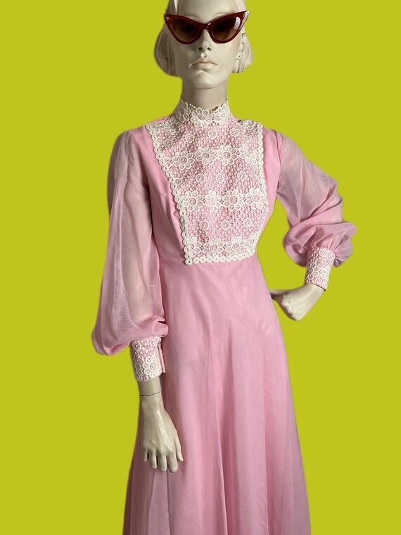 Vintage 60s Pink daisy lace Prairie gown  // Gunn… - image 6