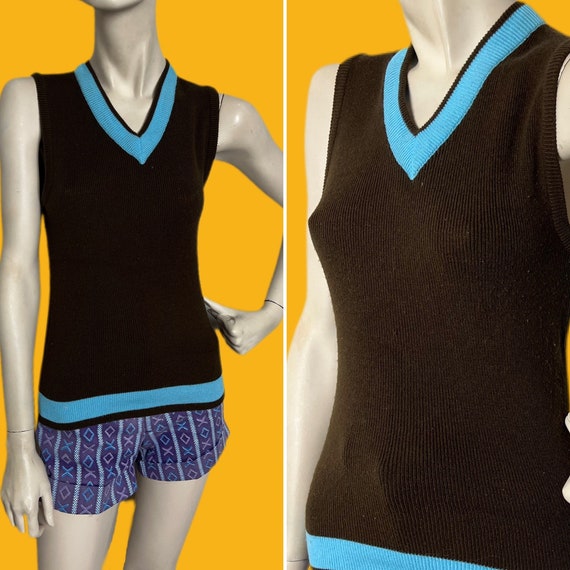 Vintage 1960s Mod Sweater Vest// brown and blue g… - image 1