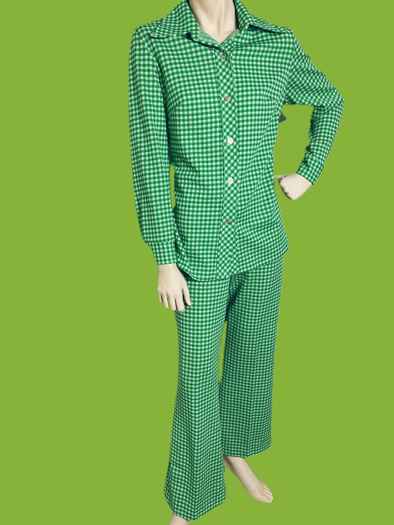 1970s /1960s MOD leisure suit// green gingham two… - image 2