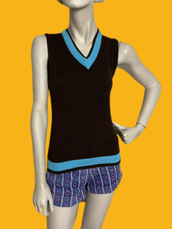 Vintage 1960s Mod Sweater Vest// brown and blue g… - image 2
