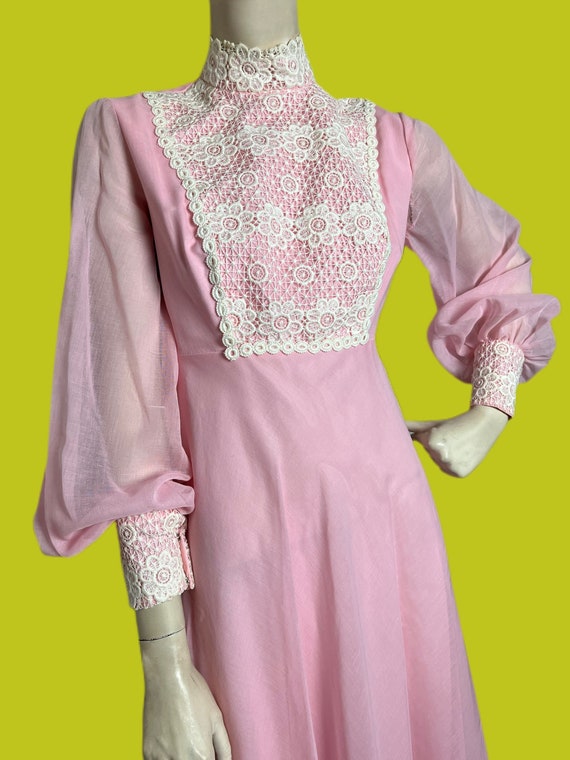 Vintage 60s Pink daisy lace Prairie gown  // Gunn… - image 2