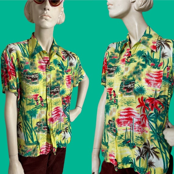 Vintage 1970s Rayon Tiki Hawaiian top // vintage … - image 1