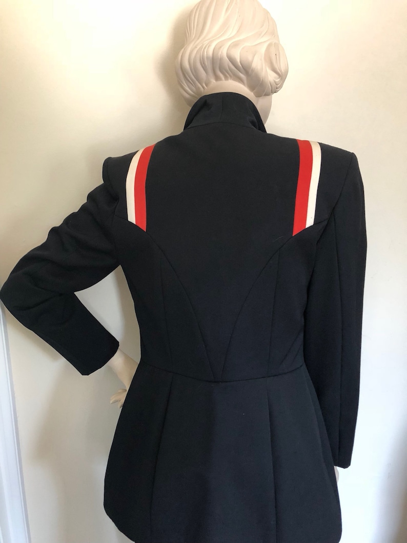 Military style blazer and pant set size S Late 70s structured military style suit with peg leg pants and orange and white striped detailing