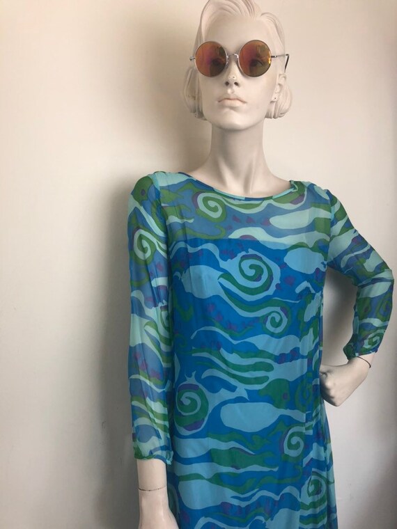 Psychedelic 60s blue chiffon party dress// swirli… - image 3