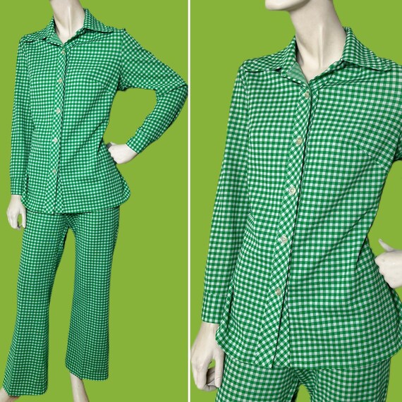 1970s /1960s MOD leisure suit// green gingham two… - image 1