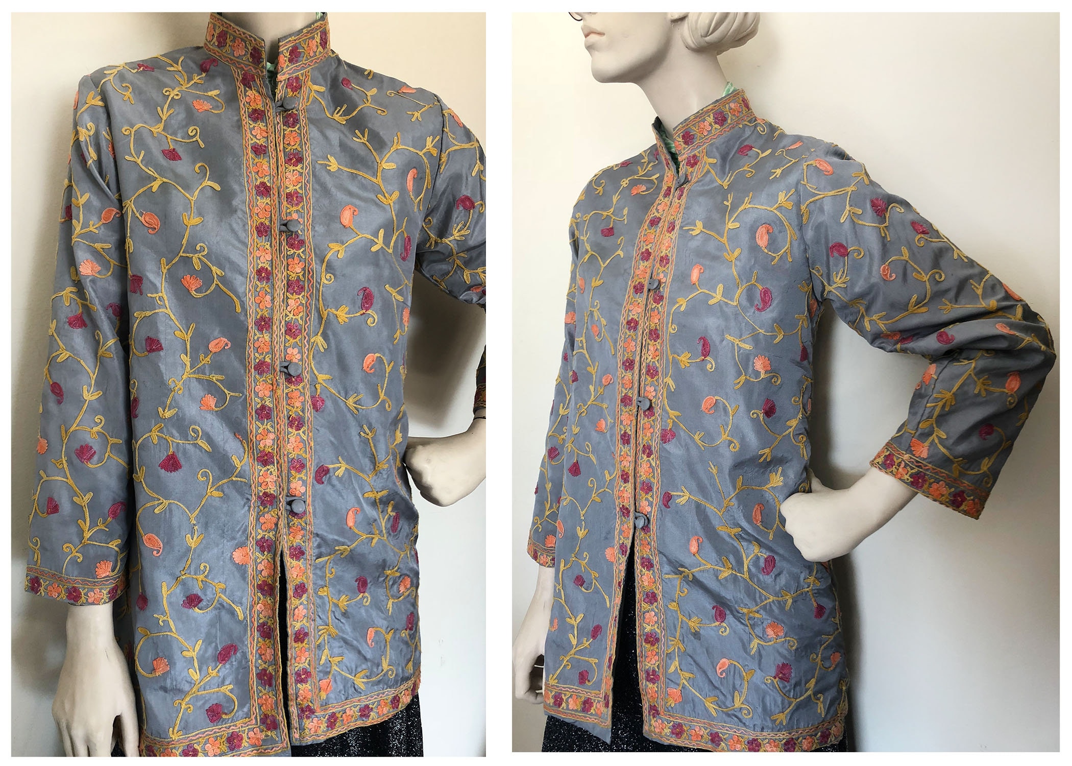 Vintage Nehru Collar Print Jacket Front Pockets M/L