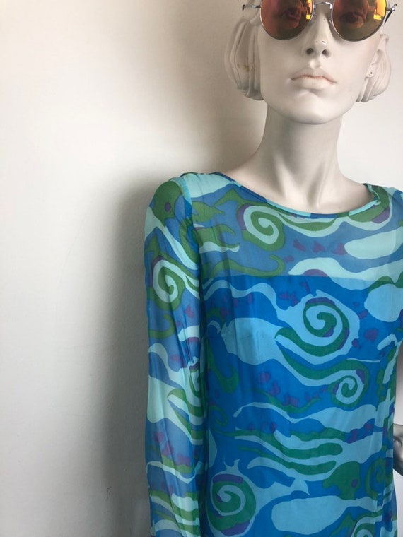 Psychedelic 60s blue chiffon party dress// swirli… - image 5