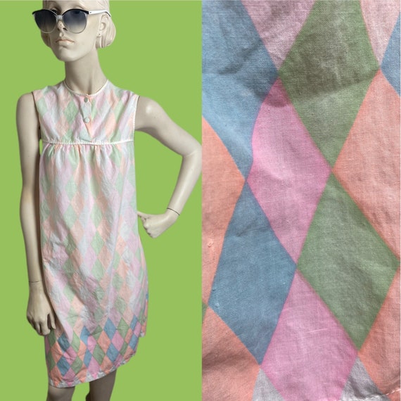 Vintage 50s 60s Harlequin pastel night gown slip/… - image 1