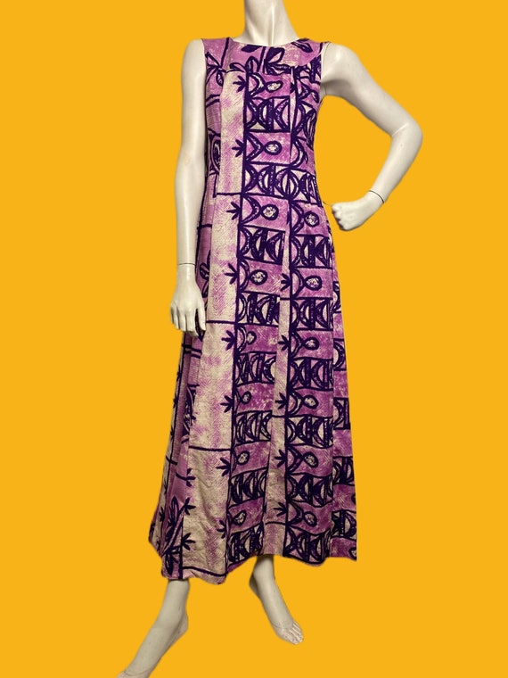 1970s Barkcloth Hawaiian Maxi dress// abstract ti… - image 4