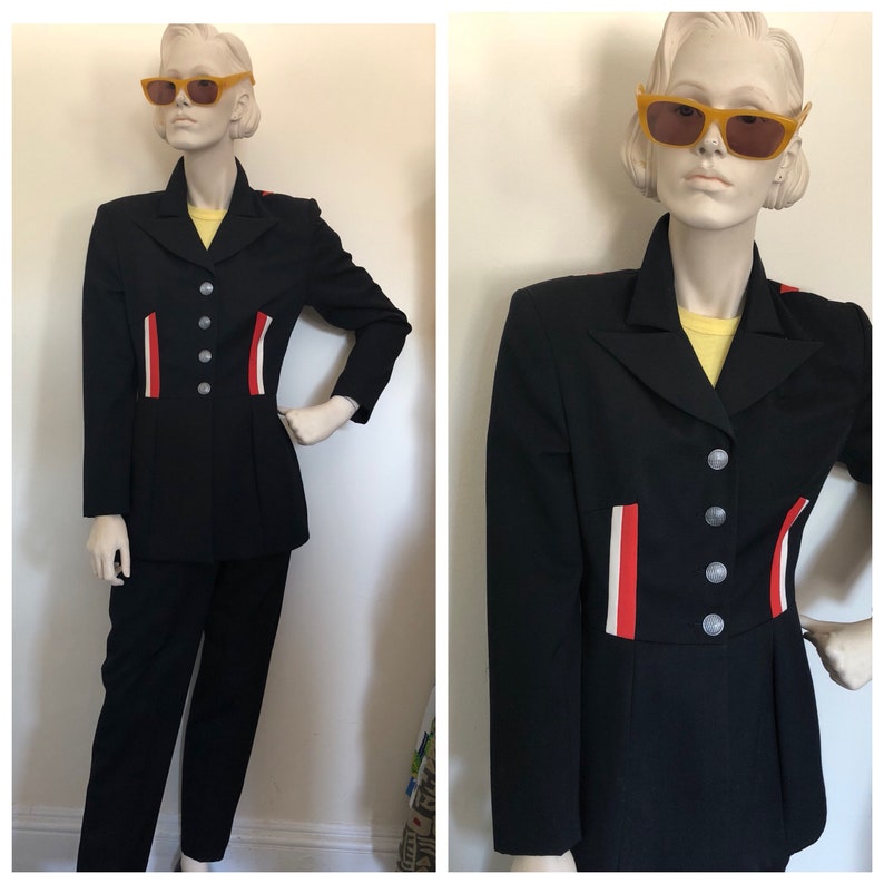 Military style blazer and pant set size S Late 70s structured military style suit with peg leg pants and orange and white striped detailing