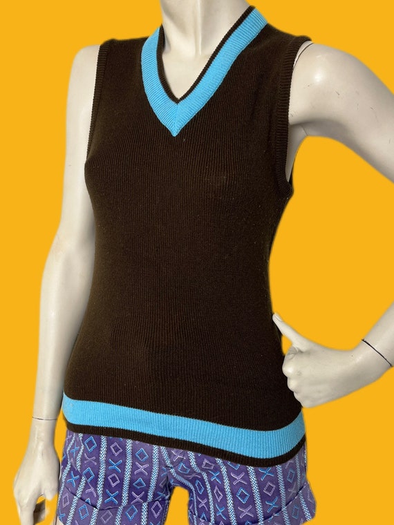 Vintage 1960s Mod Sweater Vest// brown and blue g… - image 5