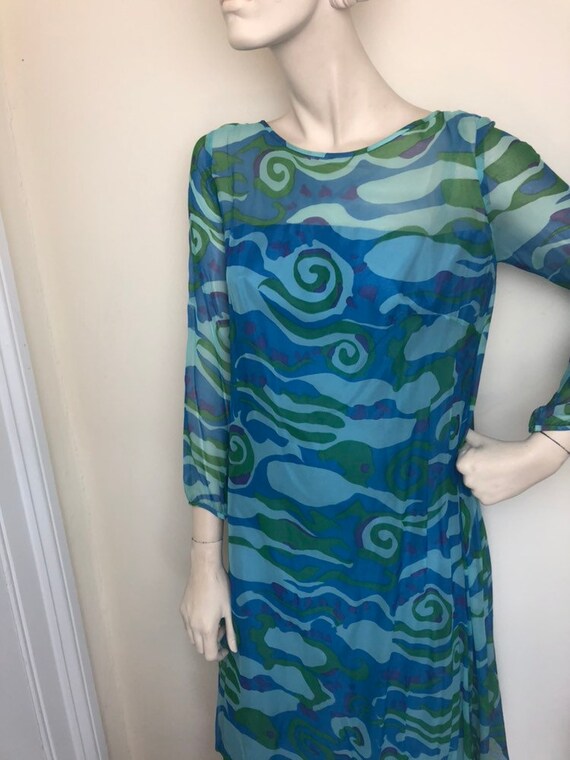 Psychedelic 60s blue chiffon party dress// swirli… - image 4