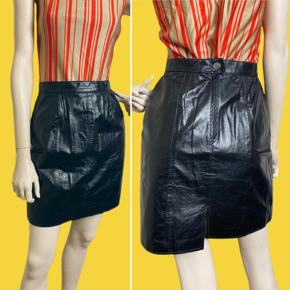 Vintage 80s sexy black leather mini skirt // Metal pi… - Gem
