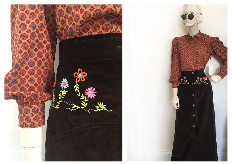 Hippie chick embroidered maxi 1970s velvety button down skirt boho style 70s skirt crouched flower skirt