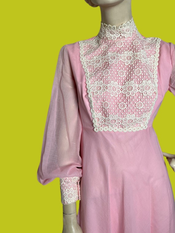 Vintage 60s Pink daisy lace Prairie gown  // Gunn… - image 3