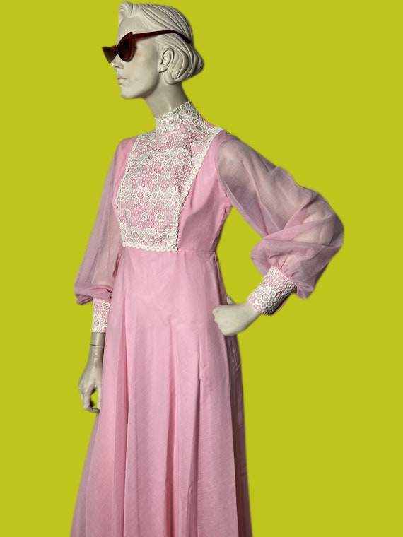 Vintage 60s Pink daisy lace Prairie gown  // Gunn… - image 7