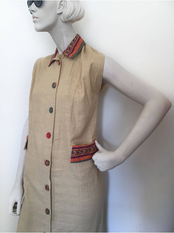 Sand-N-Sun sleeveless tiki dress. Mid century Cali
