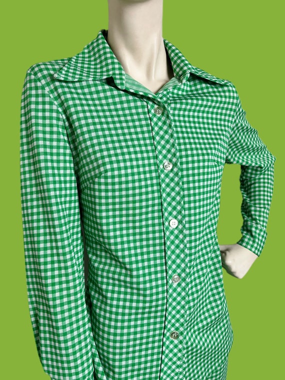 1970s /1960s MOD leisure suit// green gingham two… - image 7