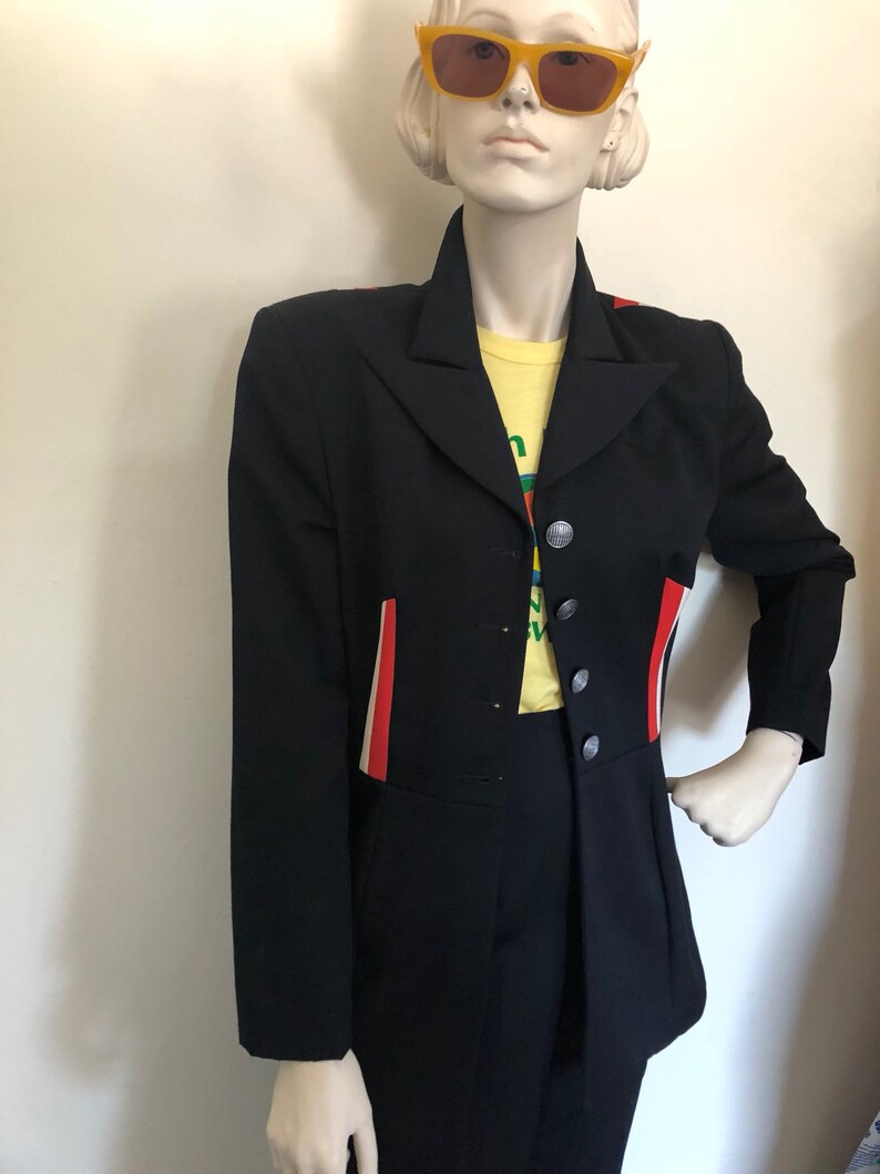 Military style blazer and pant set size S Late 70s structured military style suit with peg leg pants and orange and white striped detailing