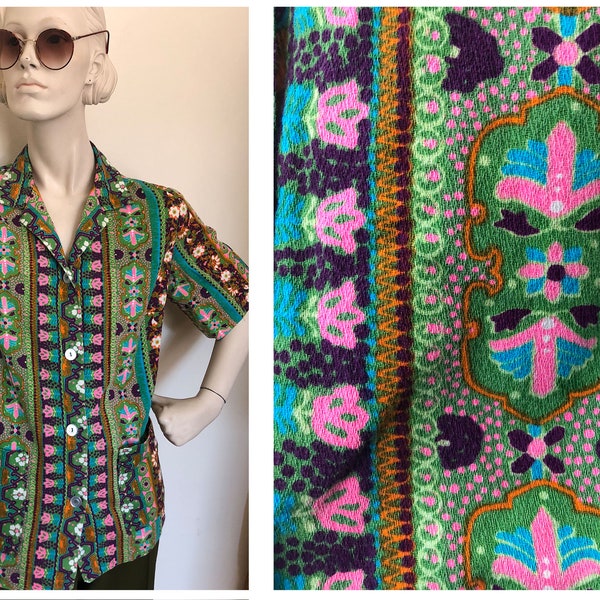 50s 60s tiki Barkcloth hawaiian shirt // Button up Day glow tiki print shirt // Mid century luau shirt // 50s retro rockabilly shirt