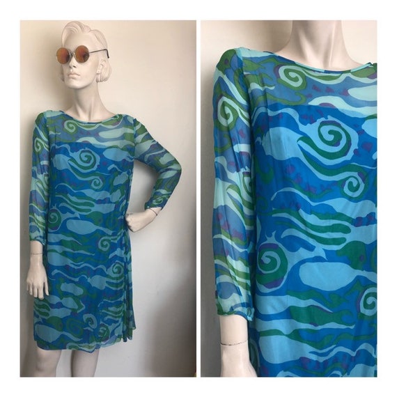 Psychedelic 60s blue chiffon party dress// swirli… - image 1