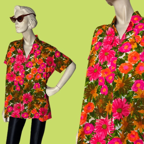 Vintage 1970s Wildflower blouse // Green and pink… - image 1