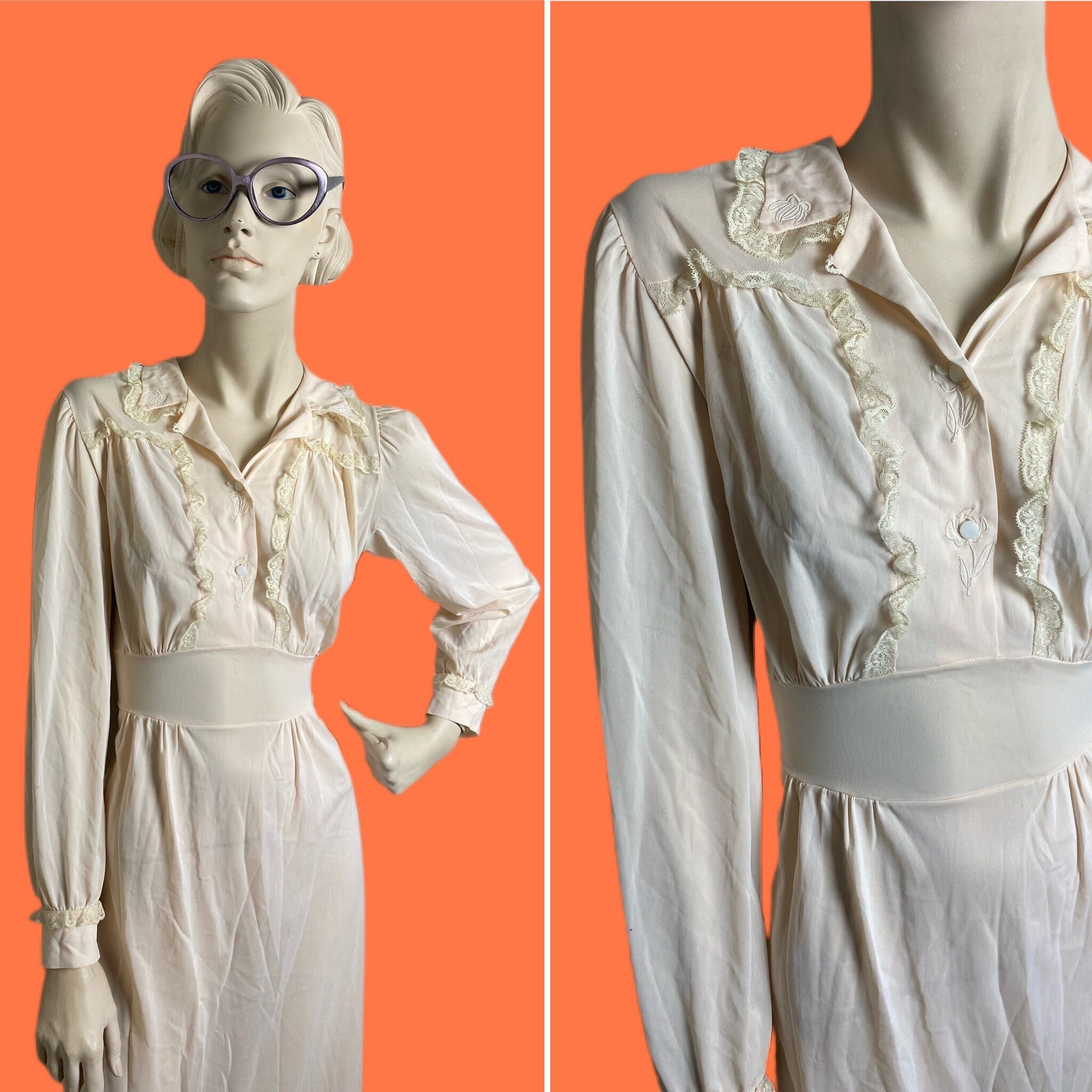 Vintage 1940s Night gown// Sheer Flowing empire waisted romantic dress ...