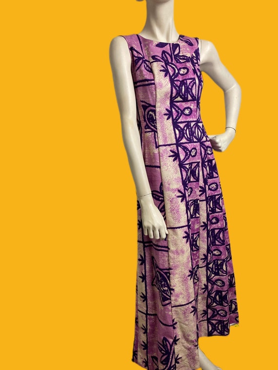 1970s Barkcloth Hawaiian Maxi dress// abstract ti… - image 3