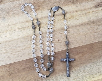 Vintage Italian Wood Style Nicely Patinaed Metal and Glass Decorative Bead Rosary - Catholic Rosary - Free Shipping