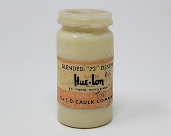 Hue-Lon Blended "73" Dentine - For Crowns Inlays Bridges - Vintage Dental Supply Bottle - Empty With Residue - Plastic Cap - Post WWII Era