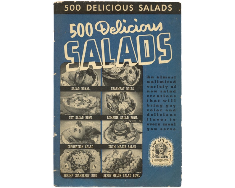 500 Délicieuses Salades, 1940 millésime Apéritifs, Fruits, Vert, Jeté, Moulé, Viande, Fruits de mer, Vinaigrettes, Vacances, Congelé Bon État image 1