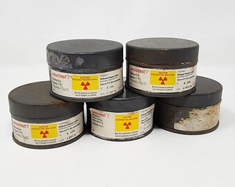 Vintage Steel Medical Containers Marked "Radioactive" EMPTY - Very Cool Decor - Small - No Materials, Only Containers Dated 1976 Set Of 5