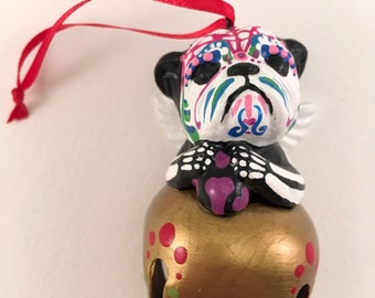 Day of the Dead English Bulldog Bell Ornament Dog Sugar Skull pet memorial Dia De Los Muertos skeleton Halloween decor Mexican folk