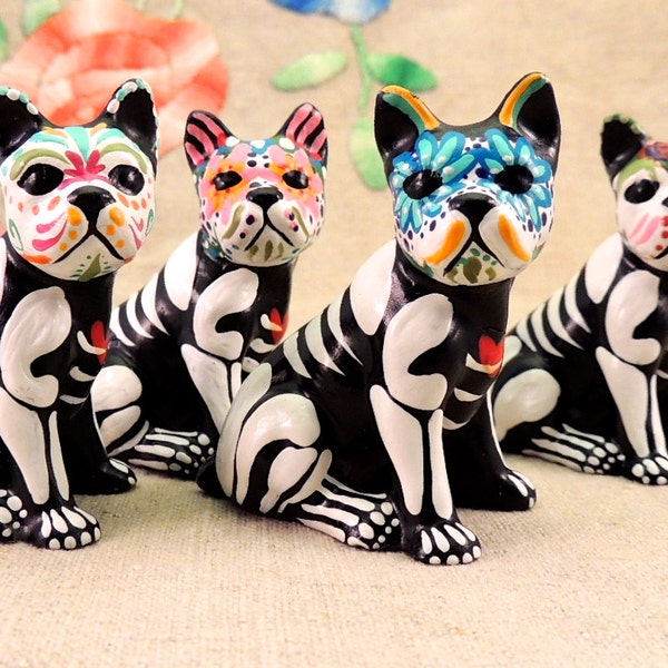 Day of the Dead Boston Terrier Dog Sugar Skull pet memorial Dia De Los Muertos sculpture Dog skeleton Halloween decor French Bulldog