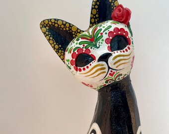 Day of the dead Cat Sculpture Hand Painted Kitty Figurine Dia de los muertos sugar skull pet memorial Halloween decor skeleton