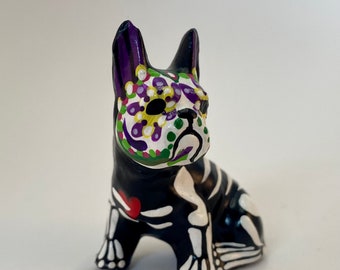 Day of the Dead French Bulldog Dog Sugar Skull pet memorial Dia De Los Muertos sculpture Dog skeleton Halloween decor Frenchie