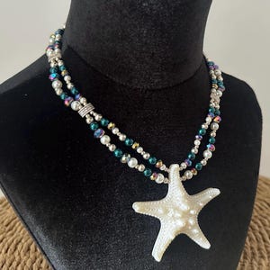 Starfish Necklace | Pearlescent White, Teal Rainbow and Silver | Swimmable Accessory | Merfolk, Fantasy, LARP & RenFaire Costume Piece