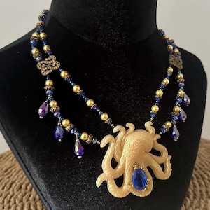 Octopus Necklace |Light yellow gold and Deep blue| Swimmable Accessory | Merfolk, Fantasy, LARP & RenFaire Costume Piece