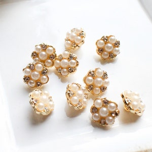 10 Small Rhinestone Pearl Gold Metal Base Buttons/Wedding Brooch Bouquet/Craft Supply/Jewelry Accessories