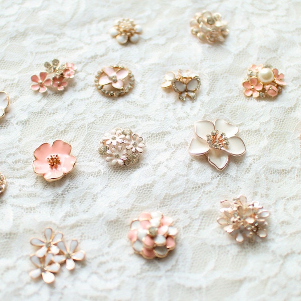 35 Assorted Mix Lot Pearl Rhinestone White Pink Flat back Brooches Button/Craft Supplies/Wedding Jewerly/Accessories