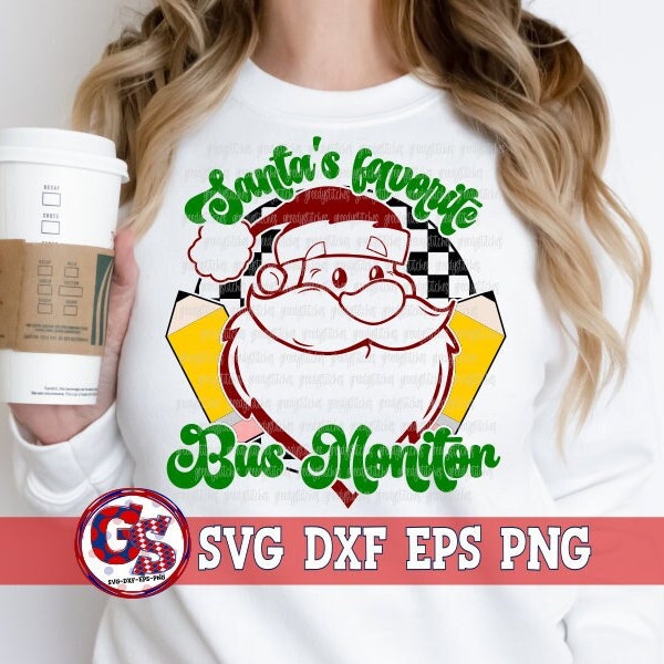 Monitor de autobús favorito de Santa svg dxf eps png / Retro Navidad DxF / Conductor de autobús Navidad SVG / Groovy Navidad SVG / Navidad a cuadros