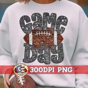 Football Game Day Black Faux Embroidery Sequins PNG Sublimation | Football PnG | Faux Embroidery Football PNG | Football | Game Day PnG