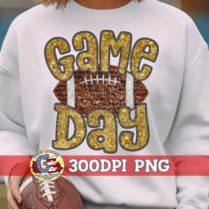 Football Game Day Gold Faux Embroidery Sequins PNG Sublimation | Football PnG | Faux Embroidery Football PNG | Football PNG | Game Day PnG