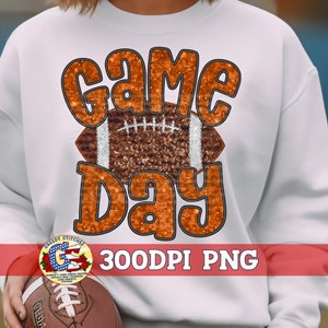 Football Game Day Orange Faux Embroidery Sequins PNG Sublimation | Football PnG | Faux Embroidery Football PNG | Football | Game Day PnG