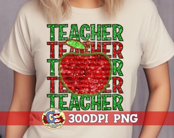 Sztuczne haftowane cekiny nauczyciel i jabłko PNG sublimacja | Nauczyciel docenia PnG | Nauczyciel PnG | Sztuczne hafty PnG | Sztuczne cekiny PnG
