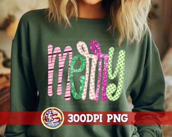 Merry Faux Embroidery Sequins Applique PNG | Pink Christmas PnG | Faux Sequins Christmas PnG | Faux Embroidery Merry Christmas PnG Pink PnG