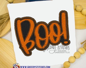 Boo! Maskinbroderidesign med bönstygnsapplikation | Halloweenbroderidesign | Boo Halloween-applikation | Boo bönstygnsapplikationsdesign