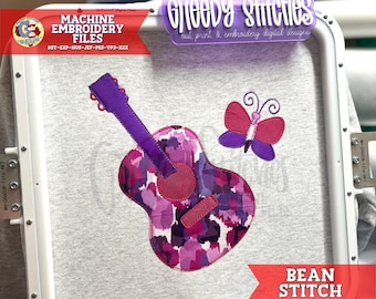 Guitar and Butterfly Bean Stitch Applique Machine Embroidery Design | Guitar Applique PES | Guitar Butterfly Bean Stitch Applique DsT Guitar